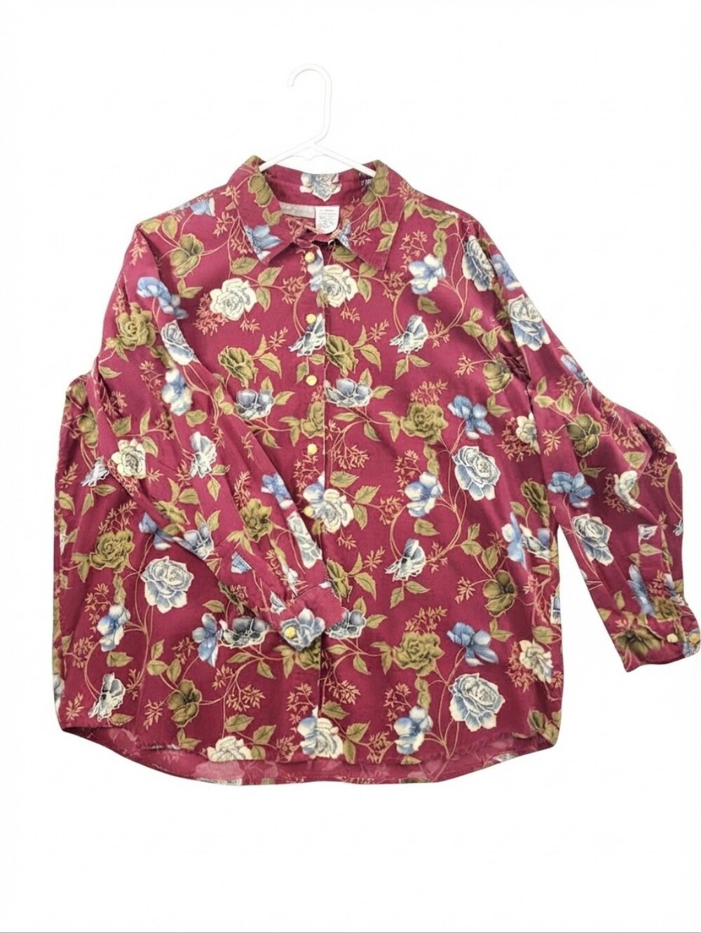 Capacity Floral Corduroy Long Sleeve Button Down Shirt Women 2X Red Blue